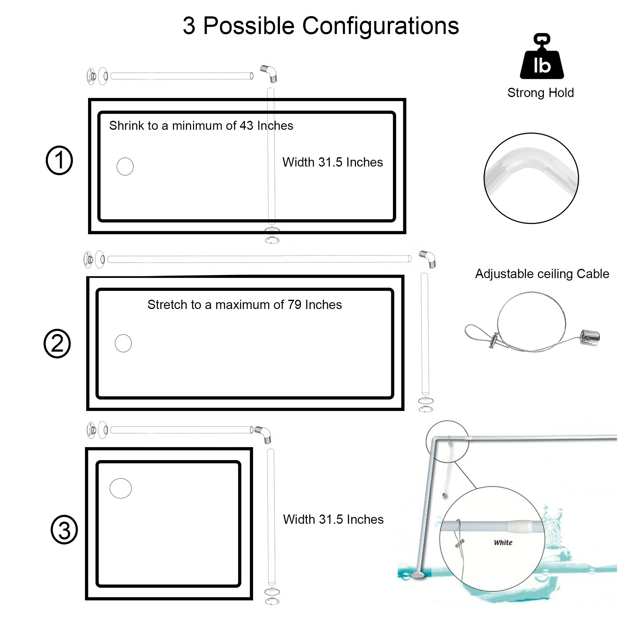 Wall Mounted Adjustable LShaped Corner Bathtub Curtain Rod 37" to 71"L